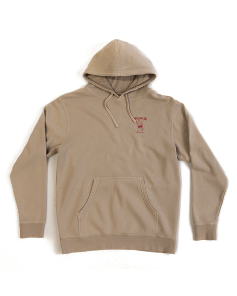 Beige hoodie with a logo on a white background