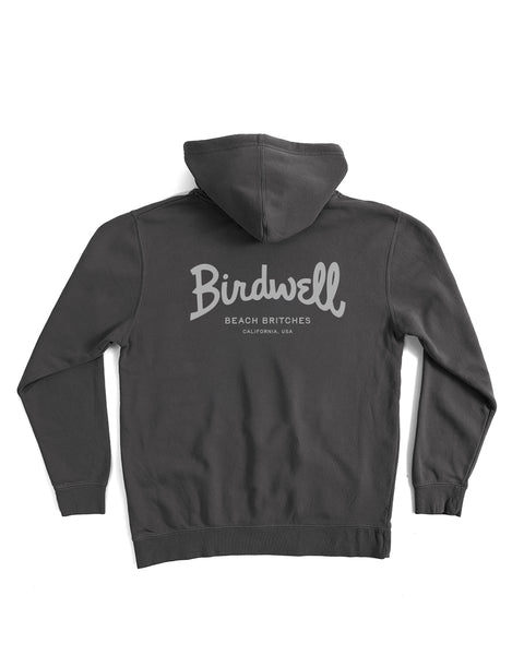 Dark gray hoodie with 'Birdwell' logo on the back against a white background