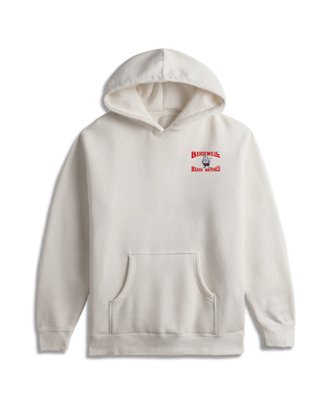 Beige hoodie with a brand logo on a white background