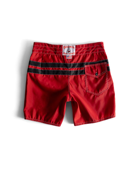 Red shorts with a black waistband on a white background