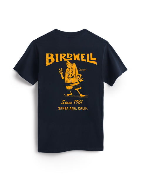navy t-shirt with gold 'Birdwell' logo and text on a white background