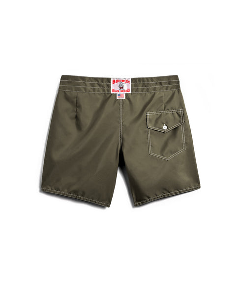 310 Boardshorts - Dark Olive shown from the back, featuring a right-side flap pocket with button and a red and white Birdwell label above the waistband.