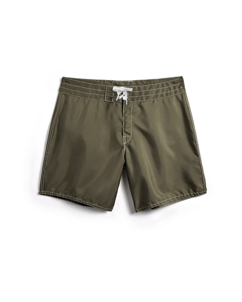 310 Boardshorts - Dark Olive: Men's board shorts in olive green, made with durable SurfNyl fabric. Features white stitching and a white drawstring at the waistband. Shown laid flat on a white background.