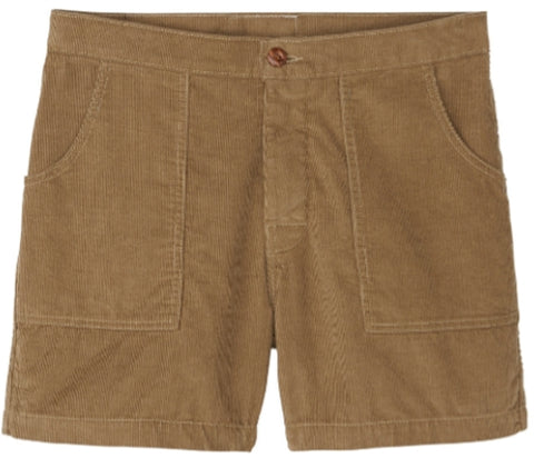 Classic Corduroy Shorts - Sand crafted from 100% cotton, featuring a brown corduroy finish, two large front pockets, a button closure, an adjustable drawcord waist, and a short inseam. Shown laid flat against a white background.