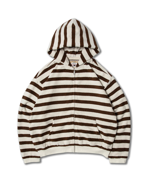 The Zip Hoodie - Vintage White/Brown, made from 100% cotton with brown and white stripes, a hood, and side pockets, is displayed flat on a white background.