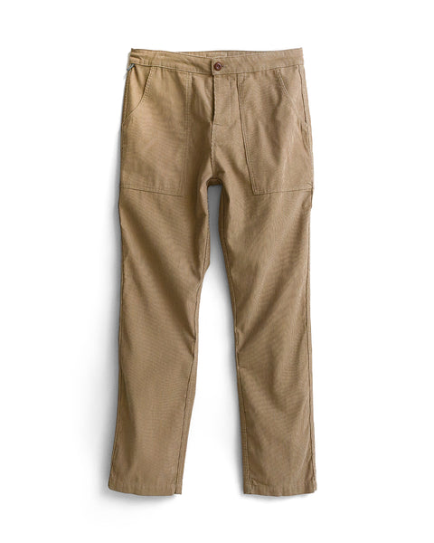 Classic Corduroy Pants - Sand, crafted from 100% cotton corduroy and featuring front patch pockets, a button closure, and belt loops, laid flat on a white background. Made in Southern California.