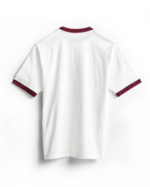 The Special Teez Ringer in Vintage White/Burgundy is a premium short-sleeve t-shirt, shown from the back with maroon ribbed trim on the collar and sleeve cuffs. Crafted in the USA from 100% cotton, the shirt is displayed laid flat against a white background.
