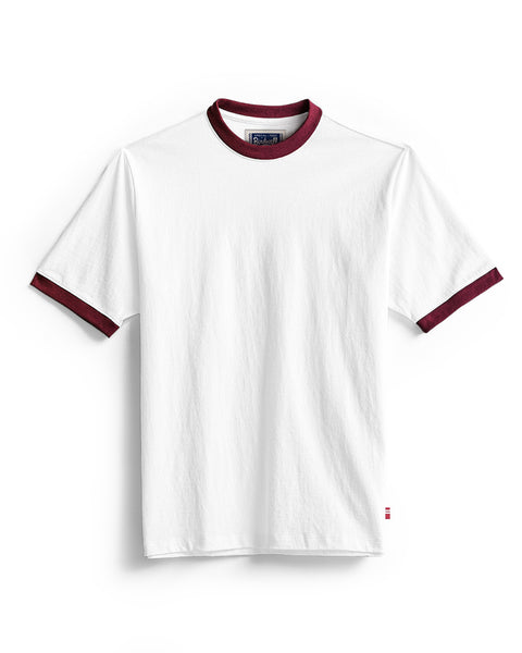 Introducing the Special Teez Ringer in Vintage White/Burgundy—a premium short-sleeve t-shirt made from 100% cotton, featuring a classic white body with rich burgundy trim on the collar and sleeve cuffs, showcased against a clean white background.