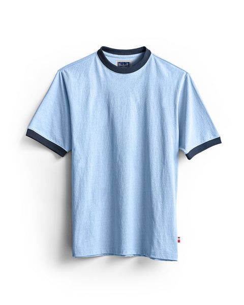 Special Teez Ringer in Arctic Blue/Navy: a light blue short-sleeve premium t-shirt featuring contrasting dark navy collar and sleeve cuffs, crafted from 100% cotton and displayed on a white background.