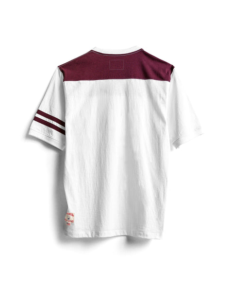 Special Teez Champ t-shirt in Vintage White/Burgundy, a premium short-sleeve tee crafted in the USA from 100% cotton, featuring a maroon panel across the upper back and coordinating maroon double stripes on one sleeve, displayed flat on a white background.