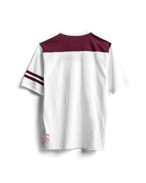 Introducing the Special Teez Champ in Vintage White/Burgundy: A relaxed fit, short-sleeve premium t-shirt featuring a maroon yoke and two burgundy stripes on the left sleeve. Crafted from soft, USA-grown cotton for all-day comfort and timeless style, this tee is displayed flat with the back facing up against a white background.