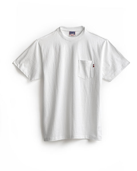 Introducing the High Tee Pocket in Vintage White: a 100% cotton short-sleeve t-shirt with a left chest pocket, displayed against a white background.
