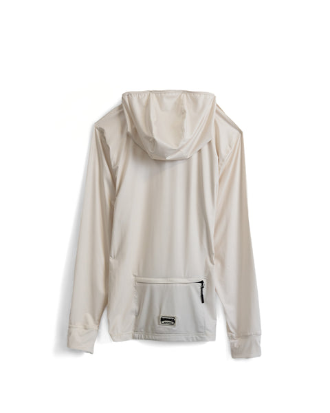 The Sunteez Hoodie - Bone is displayed from the back, highlighting its light beige color, long sleeves, and zippered pocket with a small label near the lower back. Made from moisture-wicking fabric, this versatile hoodie is designed for all-day comfort. Shown against a plain white background.