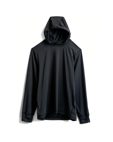 The Sunteez Hoodie - Black, a long-sleeve hooded shirt crafted from shiny, smooth fabric, is displayed against a plain white background. This UPF50+ hoodie provides advanced sun protection and features moisture-wicking properties to keep you comfortable and dry. Proudly made in the USA.