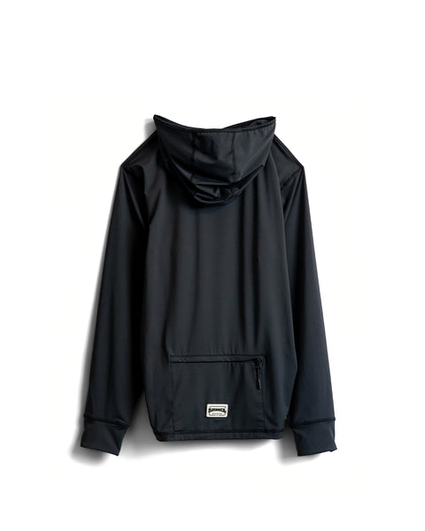 The Sunteez Hoodie - Black is displayed with the back facing up. It features long sleeves, a zipper pocket near the bottom, and a small rectangular label above the pocket. Designed for performance, this moisture-wicking hoodie keeps you comfortable on the go.