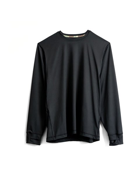 The Sunteez Long Sleeve - Black hangs on a white background. Made from performance stretch fabric, this crew neck shirt features a relaxed fit with thumb holes on the sleeves, providing both comfort and flexibility.