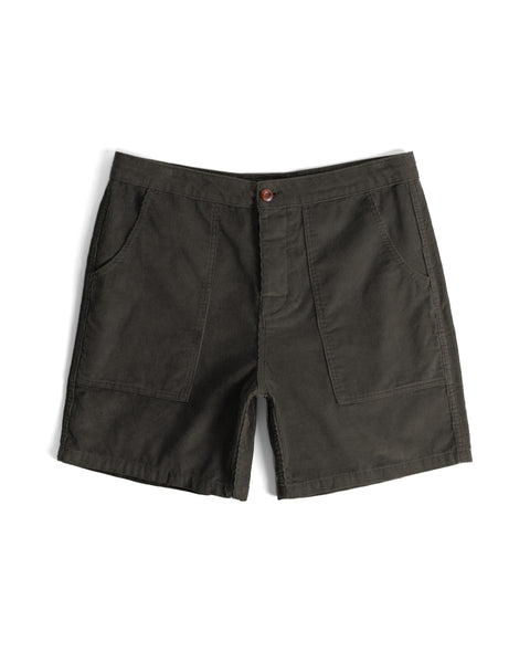 A pair of Classic Corduroy Shorts in brown, featuring front patch pockets, a button closure, visible stitching, and an adjustable drawcord waist, laid flat on a white background.