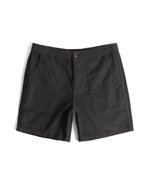 The Classic Corduroy Shorts - Charcoal, featuring front patch pockets, a button closure, zipper fly, and an adjustable drawcord waist for added comfort and versatility, are laid flat on a white background.