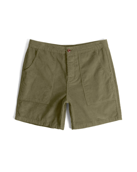 Classic Corduroy Shorts - Fatigue are showcased flat on a white background, featuring an olive green corduroy fabric with large front pockets, a retro-inspired silhouette, and an adjustable drawcord waist with button and zipper closure.