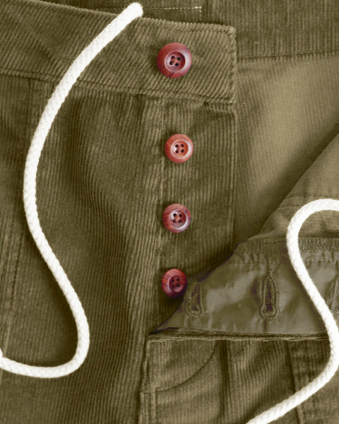 Classic Corduroy Shorts - Fatigue in olive green featuring a four-button fly and a white drawcord waist.