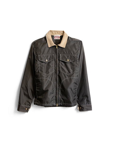 Capistrano Jacket - Brown/Acorn brown SurfNyl zip-up jacket with a tan corduroy collar, two button-flap chest pockets, and white contrast stitching.