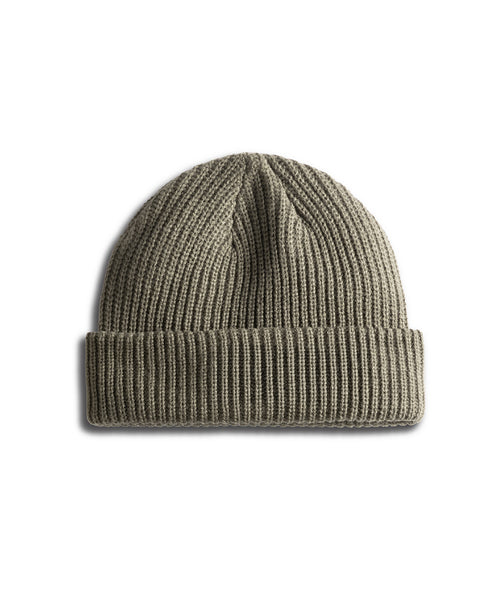 Eucalyptus License Plate Watchcap in an olive green wide ribbed fisherman style with a folded cuff.