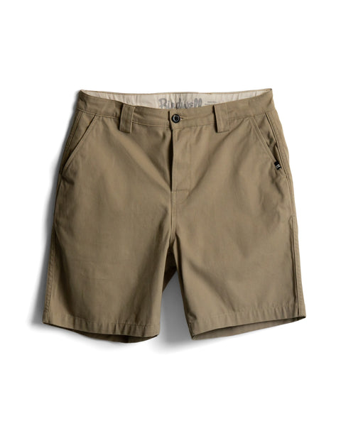 Stockman Chino Shorts in khaki cotton twill, featuring a button fly and side pockets.