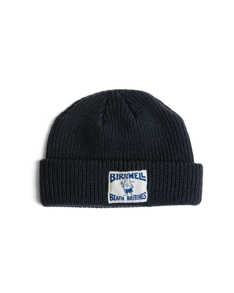 Navy blue wide ribbed License Plate Watchcap - Navy featuring a white license plate patch on the cuff with blue text and a cartoon character.