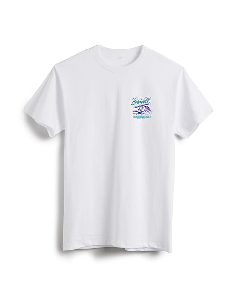 White T-Shirt featuring a graphic of birdie mascot running into the waves in teal and purple. Text featuring “Birdwell” and “California Originals Since 1961.”