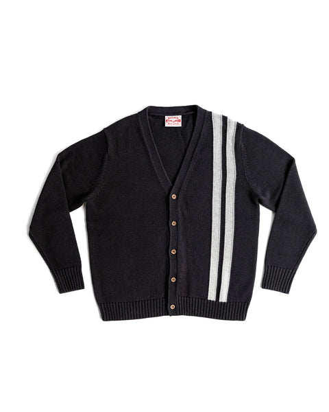 Black cardigan with white stripes on a white background