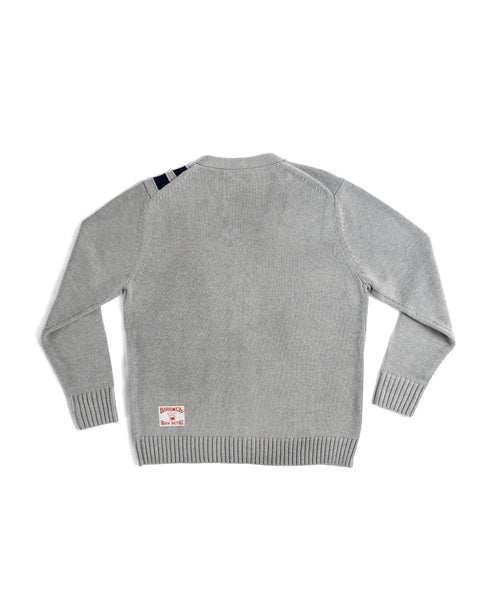 Gray sweater with a license plate label on a white background