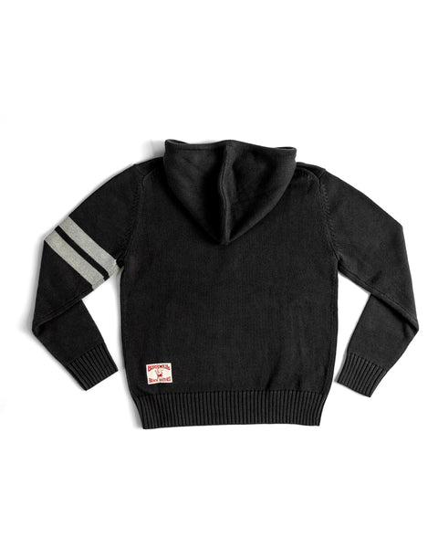 Black hoodie with gray sleeves on a white background. License plate label towards the waistband.