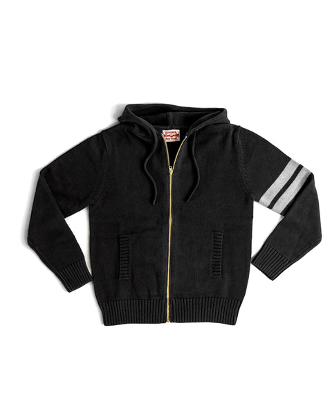 Black zip-up hoodie with grey stripes on sleeve against a white background.