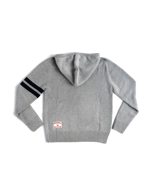 Gray hoodie with black stripe on sleeve and license plate label on white background