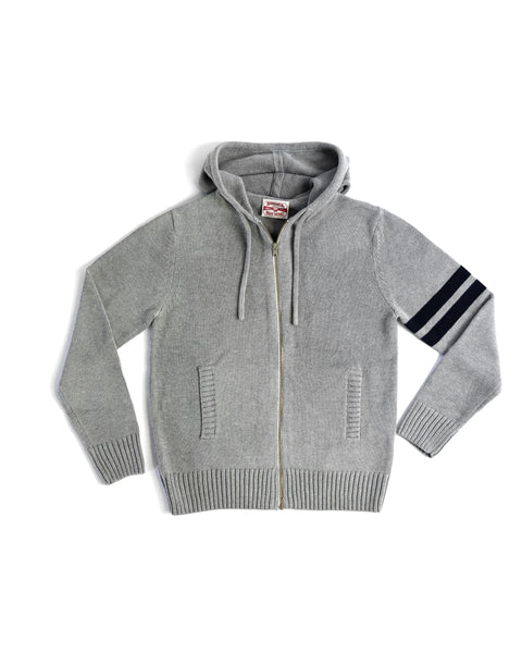 Gray zip-up hoodie with striped sleeves on a white background