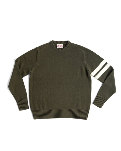 Front View of the Comp Stripe Sweater in Dark Olive with two bone stripes on the left arm. Product on white background.