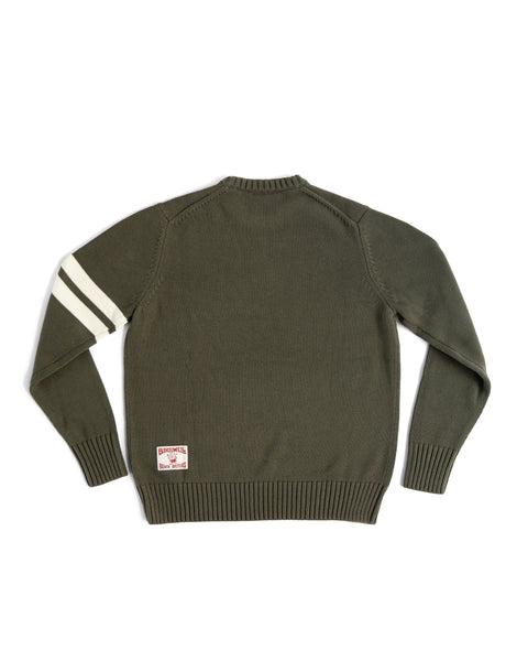 Back View of the Comp Stripe Sweater in Dark Olive with two bone stripes on the left arm. Product on white background. License plate label on bottom left corner.