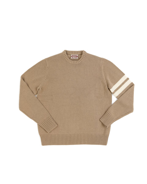 Front View of the Comp Stripe Sweater in Bark with two bone stripes on the left arm. Product on white background.