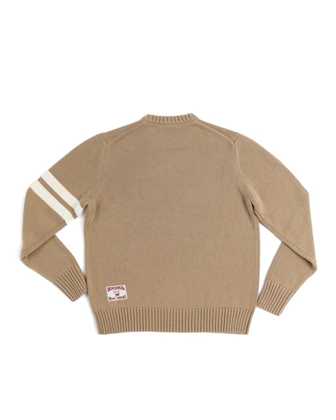 Back View of the Comp Stripe Sweater in Bark with two bone stripes on the left arm. Product on white background. License plate label on bottom left corner.