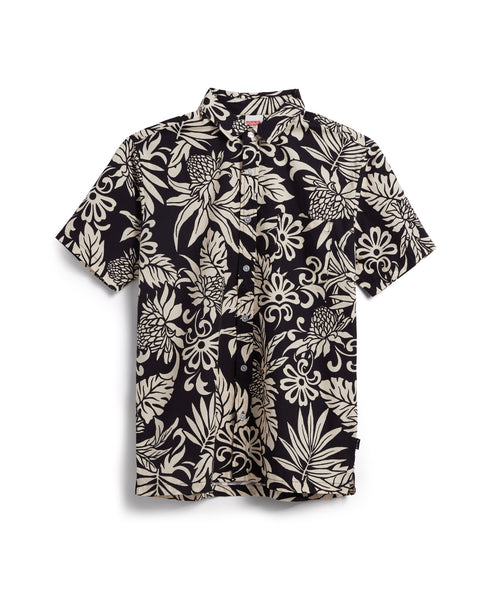100% cotton button down shirt in a vintage-inspired original floral print in black. View showing front of shirt.