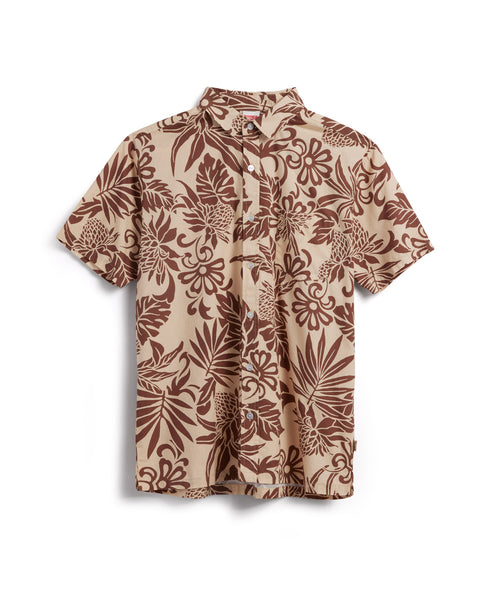 100% cotton button down shirt in a vintage-inspired original floral print in brown. View showing front of shirt.