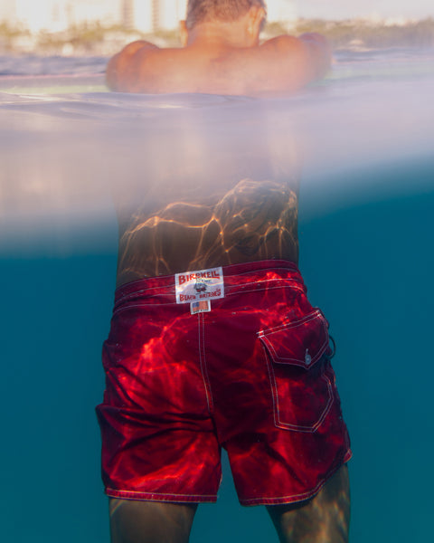 Underwater and above-water split shot of Mr. Toots from behind, floating on a surfboard and wearing 310 Boardshorts in Red with the Birdwell Beach Britches logo patch and pocket in clear view.