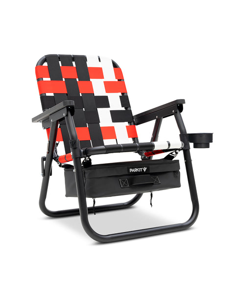 Front of Parkit Chair featuring red, black and white fabric and a built in black cooler beneath the chair.