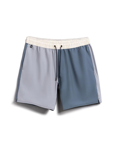 Wright Short with half quarry & slate colored fabric. Front view of shorts.