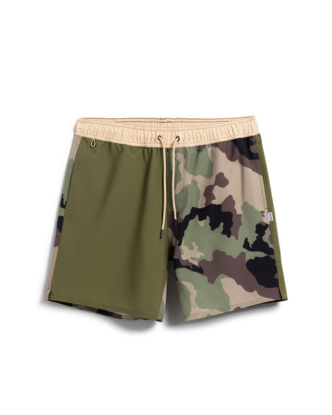 Wright Short with half army green & camo colored fabric. Front view of shorts.