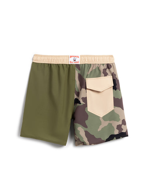 Wright Short with half army green & camo colored fabric. Back view of shorts.