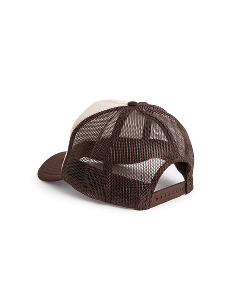 Back view of the hat showing brown mesh and brown plastic snaps.