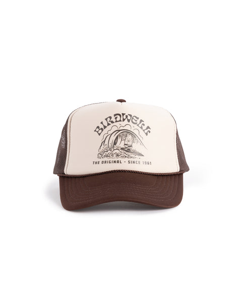 Front of Surfin' Birdie Hat. Front Panel is tan with a brown birdwell graphic of birdie surfing with the text 