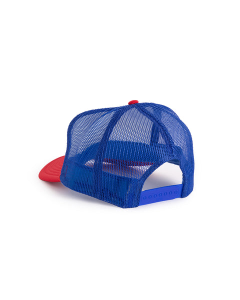 Back view of the hat showing blue mesh and plastic snaps with red bill and top button