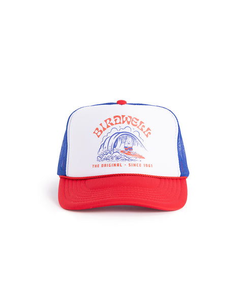 Front of Surfin' Birdie Hat. Front Panel is white with a red and blue birdwell graphic of birdie surfing with the text 